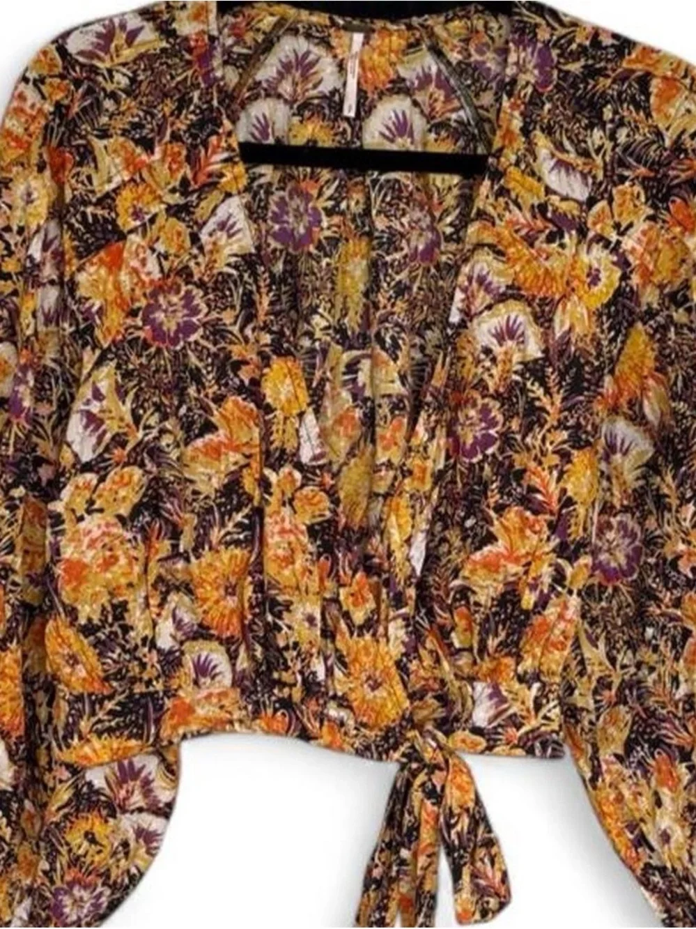 Free People Floral Tie-Front Blouse in Mustard and Purple